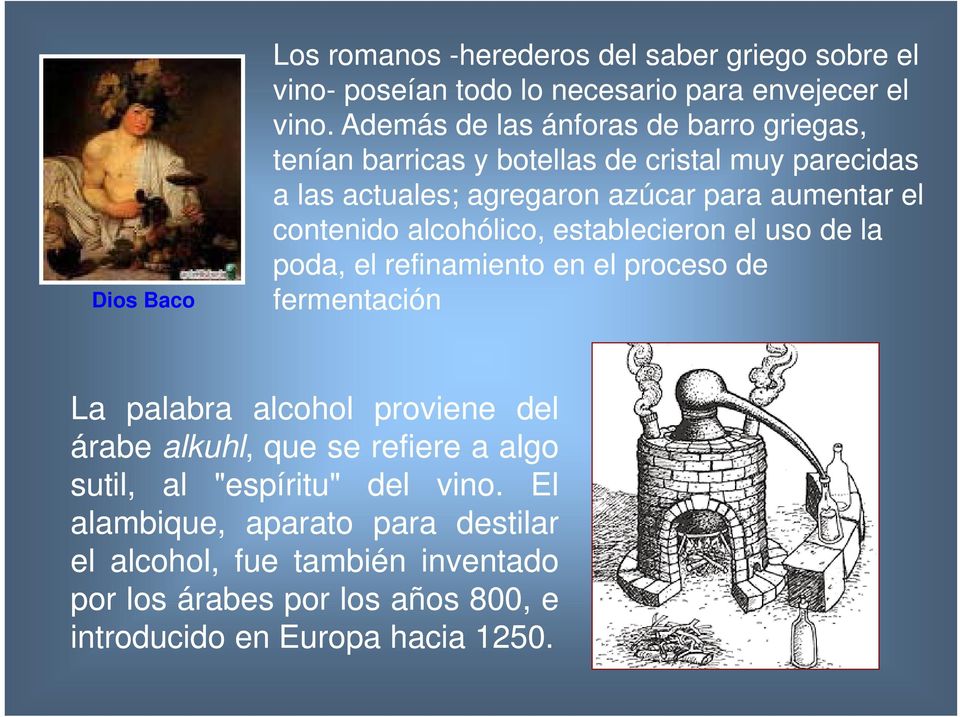 contenido alcohólico, establecieron el uso de la poda, el refinamiento en el proceso de fermentación La palabra alcohol proviene del árabe alkuhl,