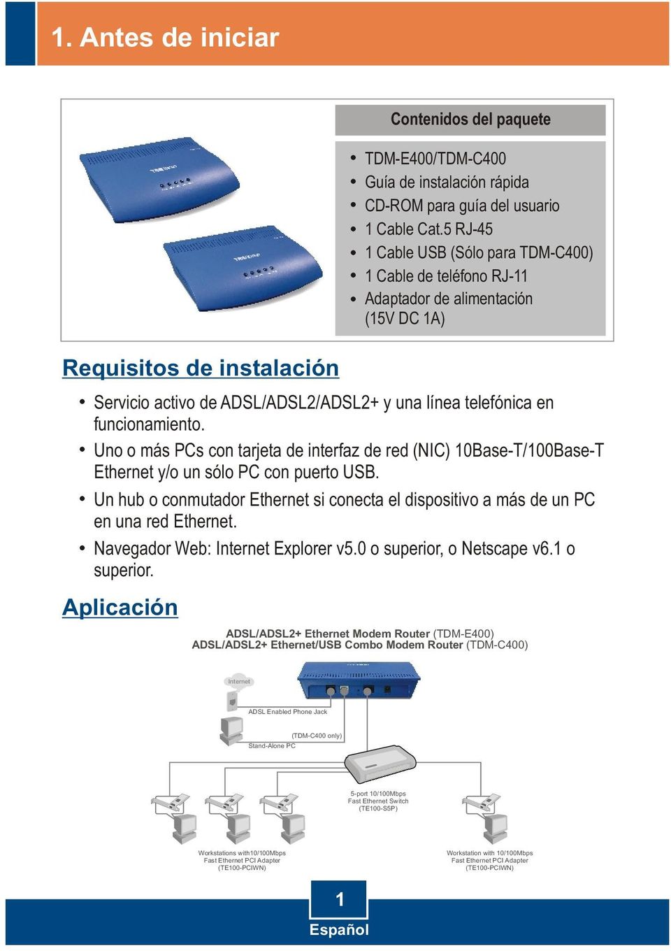 Navegador Web: Internet Explorer v5.0 o superior, o Netscape v6.1 o superior. Aplicación Contenidos del paquete TDM-E400/TDM-C400 Guía de instalación rápida CD-ROM para guía del usuario 1 Cable Cat.