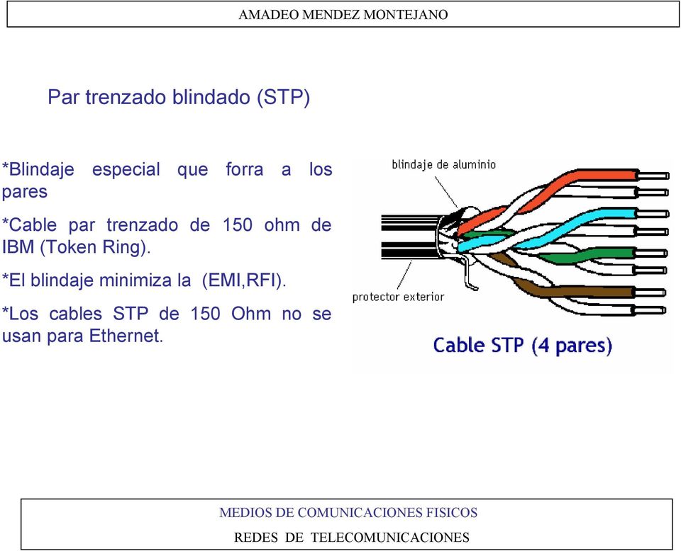IBM (Token Ring). *El blindaje minimiza la (EMI,RFI).