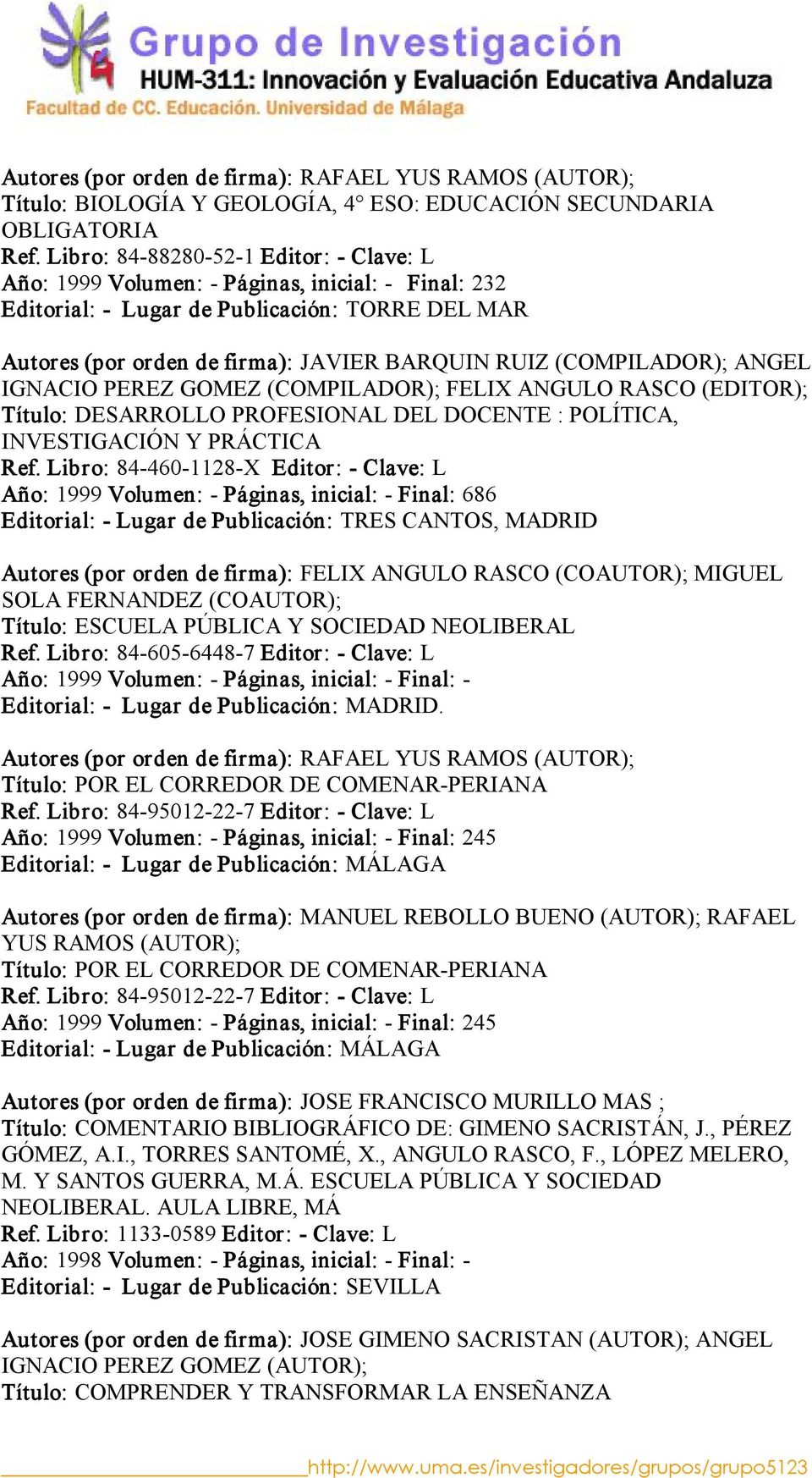 ANGEL IGNACIO PEREZ GOMEZ (COMPILADOR); FELIX ANGULO RASCO (EDITOR); Título: DESARROLLO PROFESIONAL DEL DOCENTE : POLÍTICA, INVESTIGACIÓN Y PRÁCTICA Ref.