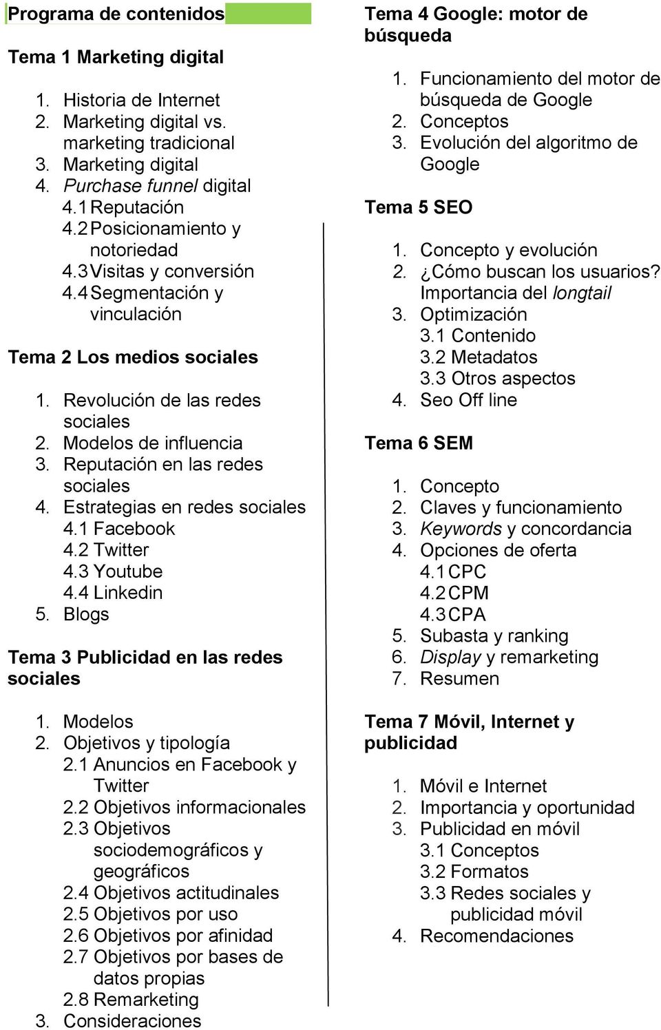 Estrategias en redes 4.1 Facebook 4.2 Twitter 4.3 Youtube 4.4 Linkedin 5. Blogs Tema 3 Publicidad en las redes 1. Modelos 2. Objetivos y tipología 2.1 Anuncios en Facebook y Twitter 2.