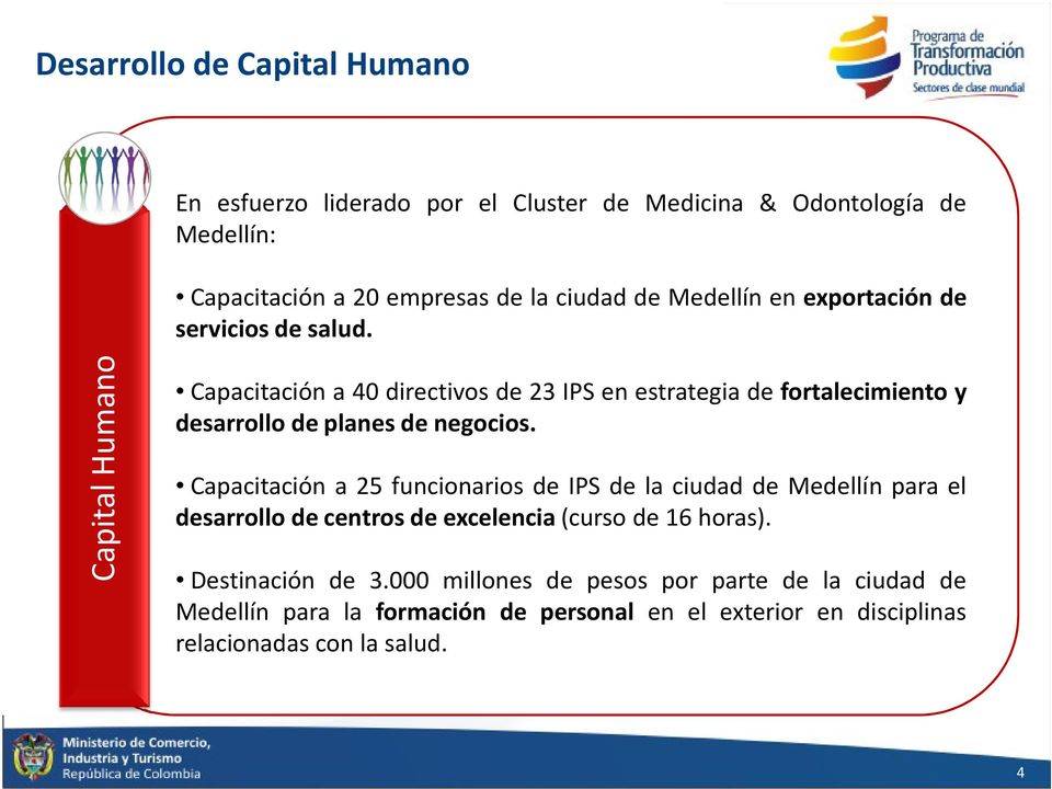 Capital Humano Capacitación a 40 directivos de 23 IPS en estrategia de fortalecimiento y desarrollo de planes de negocios.