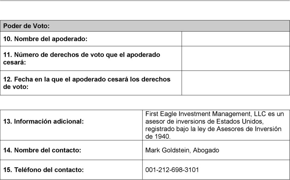 Información adicional: First Eagle Investment Management, LLC es un asesor de inversions de Estados
