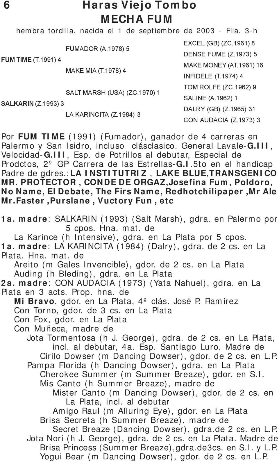 1973) 3 Por FUM TIME (1991) (Fumador), ganador de 4 carreras en Palermo y San Isidro, incluso clásclasico. General Lavale-G.III, Velocidad-G.III, Esp.
