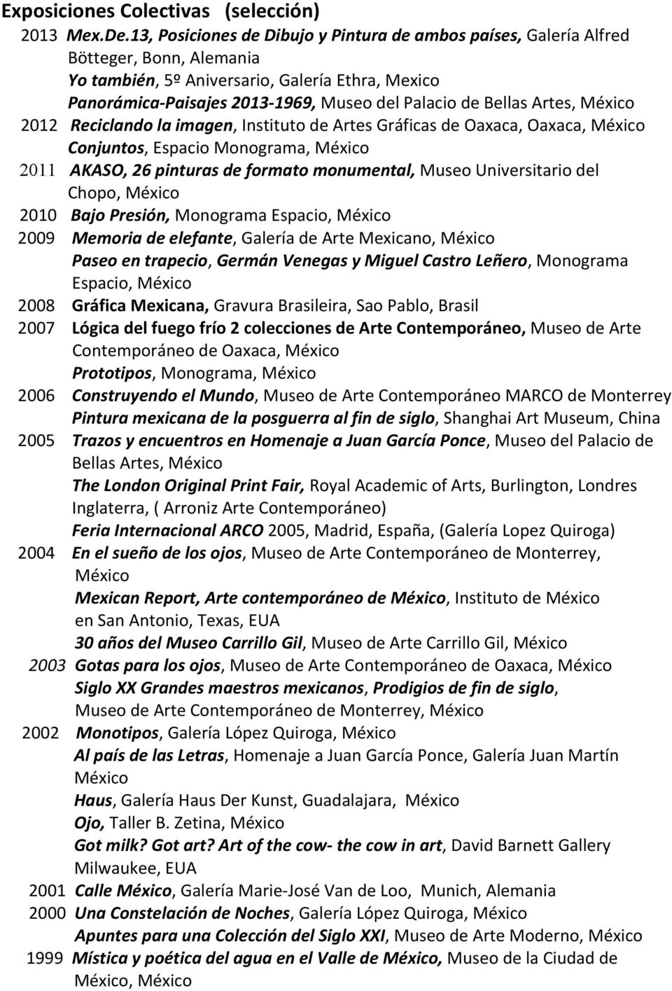 Bellas Artes, México 2012 Reciclando la imagen, Instituto de Artes Gráficas de Oaxaca, Oaxaca, México Conjuntos, Espacio Monograma, México 2011 AKASO, 26 pinturas de formato monumental, Museo