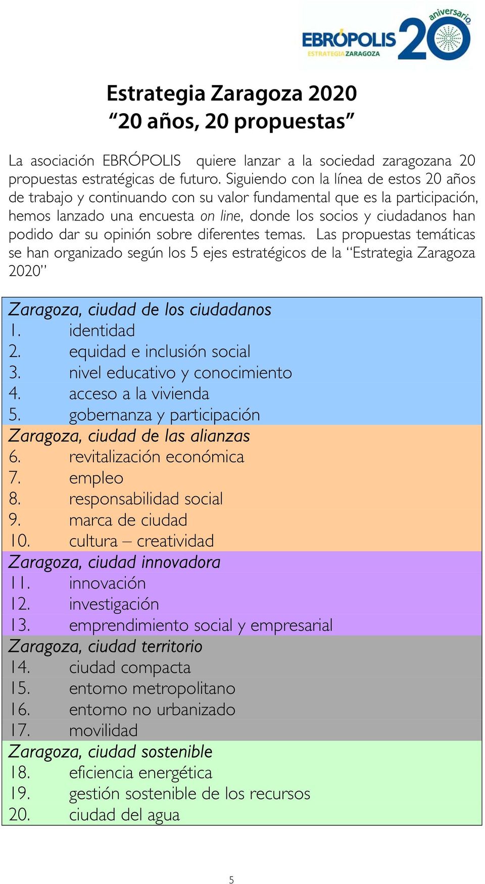 opinión sobre diferentes temas. Las propuestas temáticas se han organizado según los 5 ejes estratégicos de la Estrategia Zaragoza 2020 Zaragoza, ciudad de los ciudadanos 1. identidad 2.