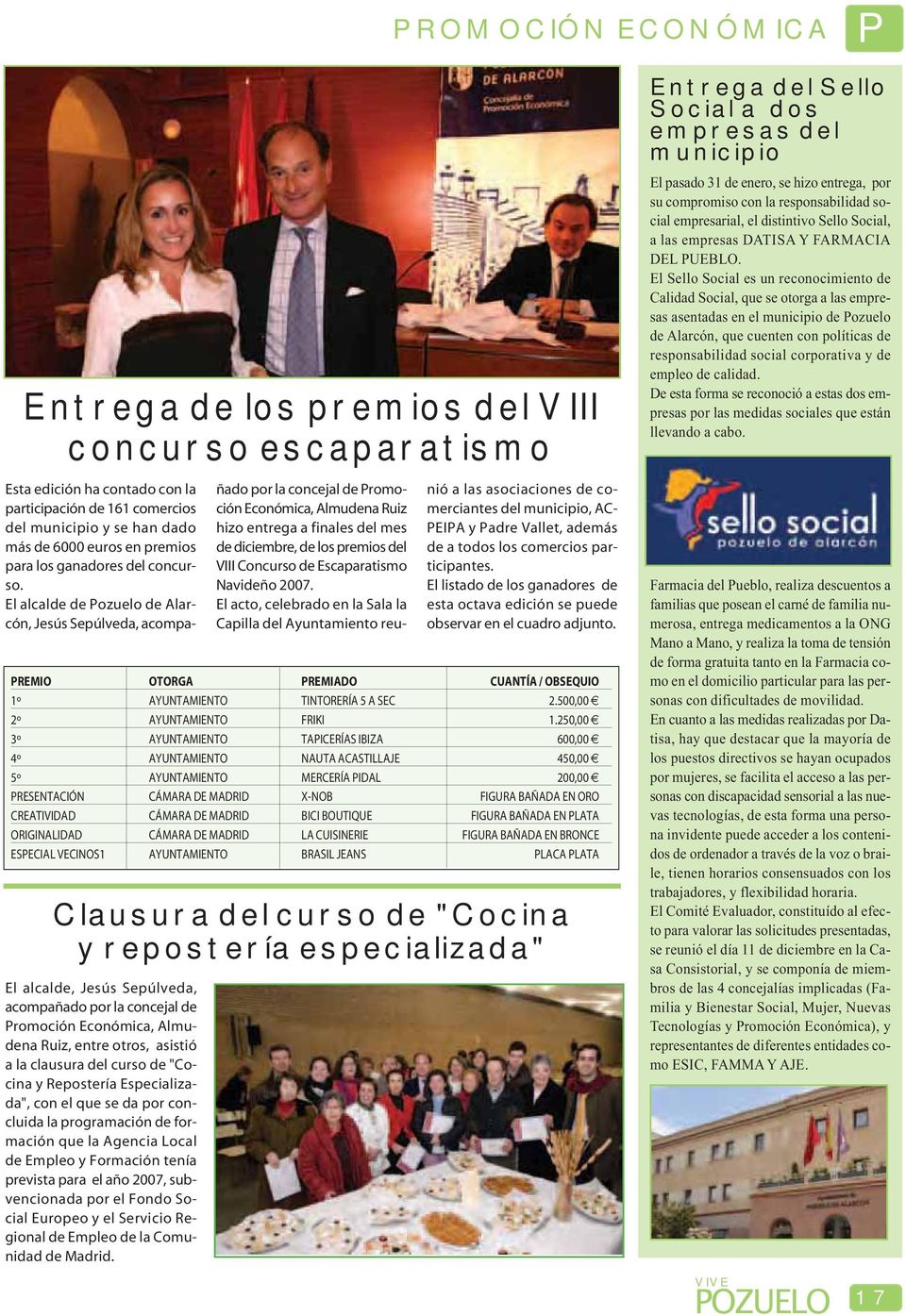 El alcalde de Pozuelo de Alarcón, Jesús Sepúlveda, acompañado por la concejal de Promoción Económica, Almudena Ruiz hizo entrega a finales del mes de diciembre, de los premios del VIII Concurso de