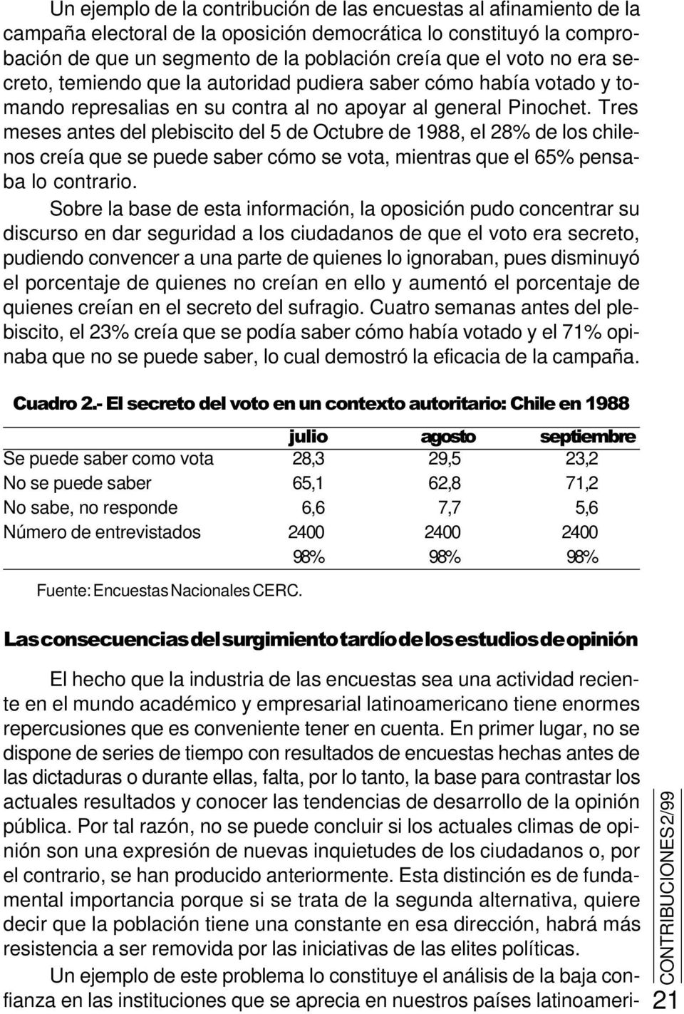 Tres meses antes del plebiscito del 5 de Octubre de 1988, el 28% de los chilenos creía que se puede saber cómo se vota, mientras que el 65% pensaba lo contrario.