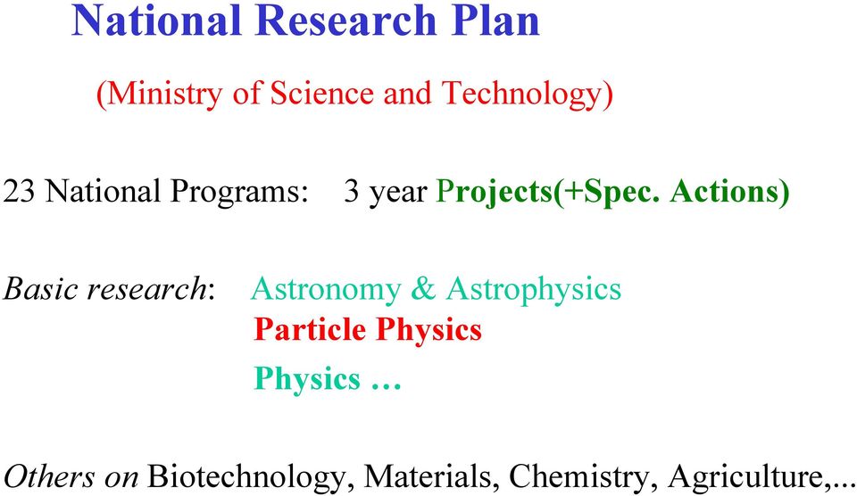 Actions) Basic research: Astronomy & Astrophysics Particle