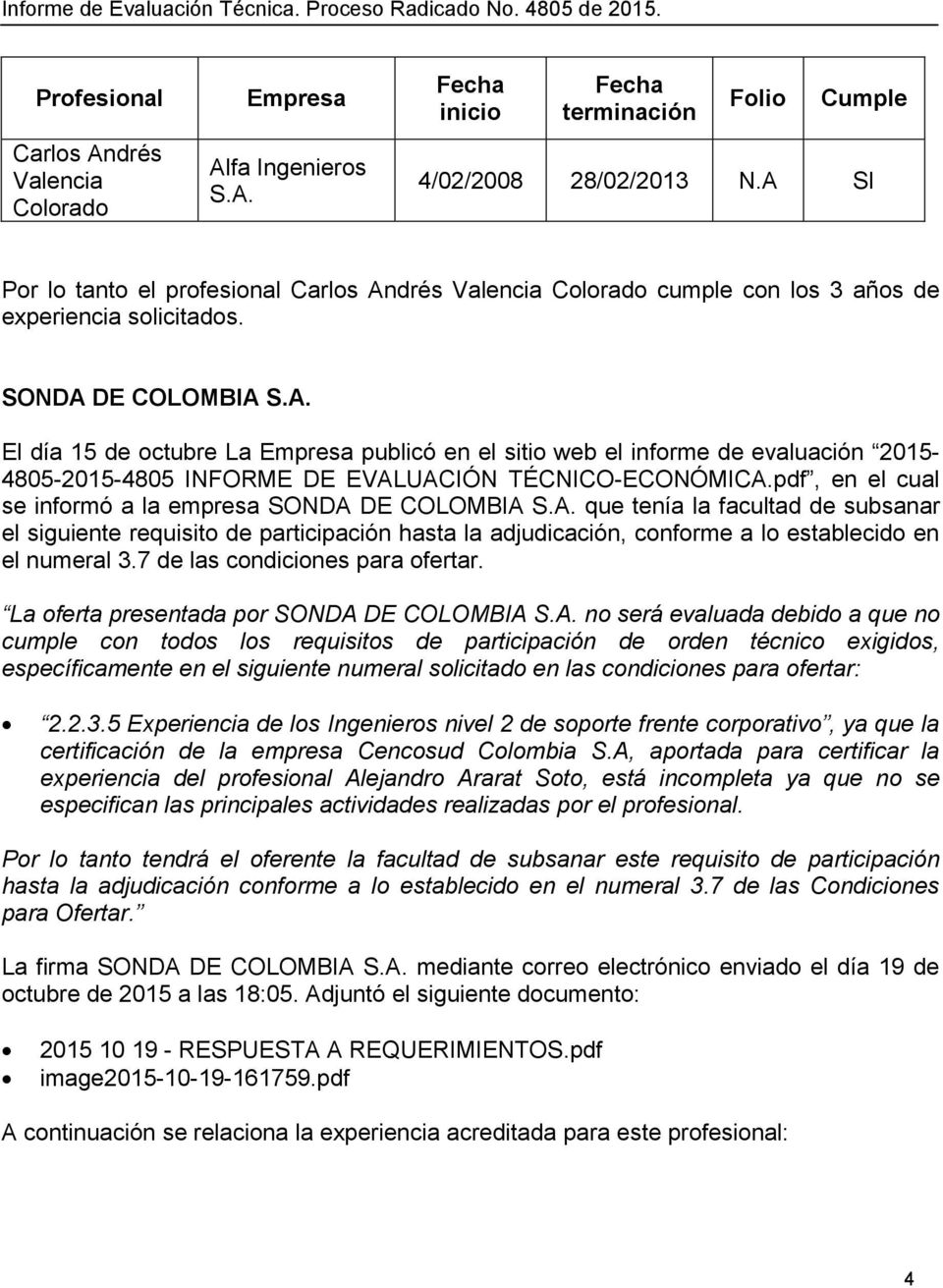 pdf, en el cual se informó a la empresa SONDA DE COLOMBIA S.A. que tenía la facultad de subsanar el siguiente requisito de participación hasta la adjudicación, conforme a lo establecido en el numeral 3.