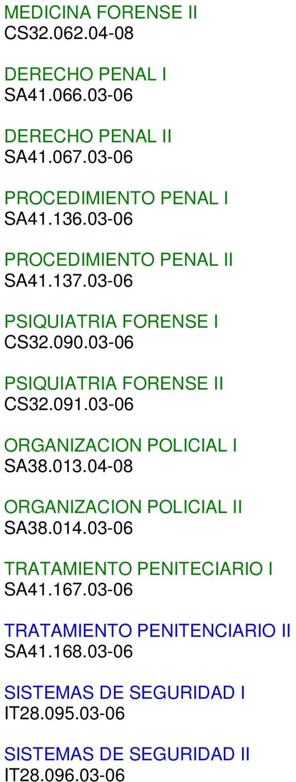 03-06 PSIQUIATRIA FORENSE II CS32.091.03-06 ORGANIZACION POLICIAL I SA38.013.04-08 ORGANIZACION POLICIAL II SA38.014.