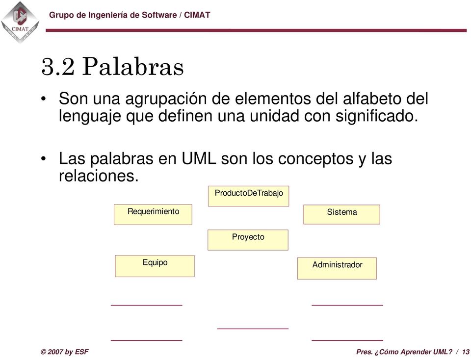 Las palabras en UML son los conceptos y las relaciones.