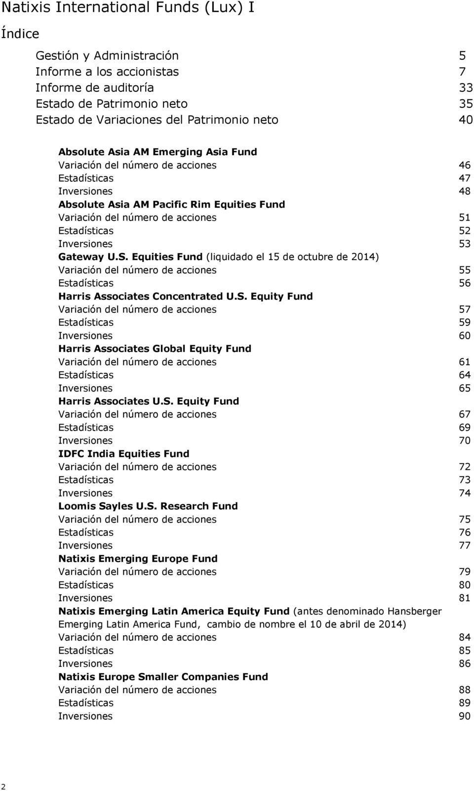 Equities Fund (liquidado el 15 de octubre de 2014) Variación del número de acciones 55 Estadísticas 56 Harris Associates Concentrated U.S.