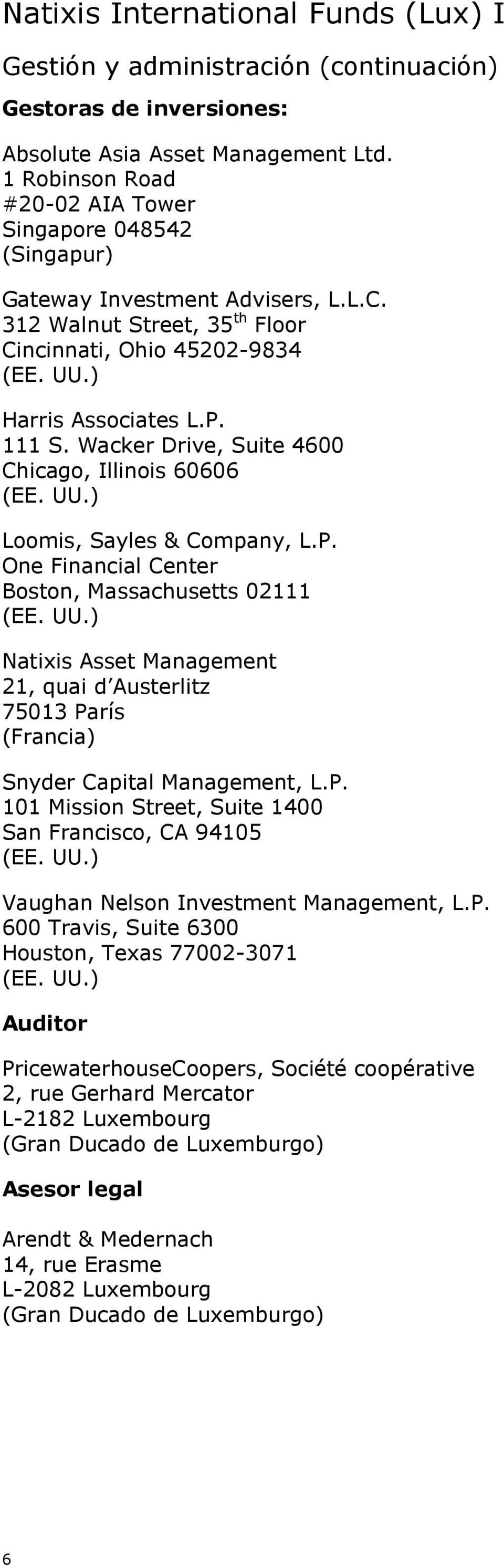 UU.) Natixis Asset Management 21, quai d Austerlitz 75013 París (Francia) Snyder Capital Management, L.P. 101 Mission Street, Suite 1400 San Francisco, CA 94105 (EE. UU.