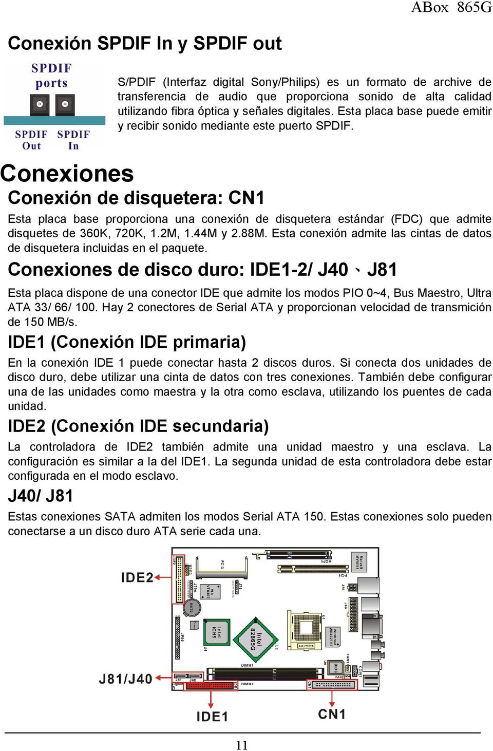 Conexiones Conexión de disquetera: CN1 Esta placa base proporciona una conexión de disquetera estándar (FDC) que admite disquetes de 360K, 720K, 1.2M, 1.44M y 2.88M.
