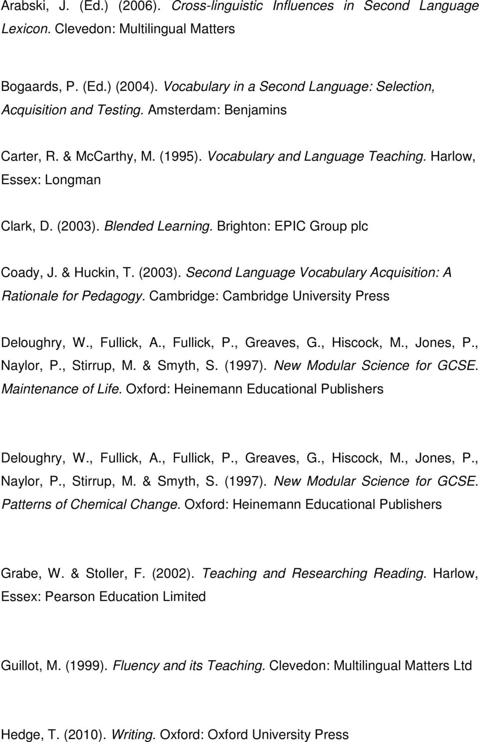 Blended Learning. Brighton: EPIC Group plc Coady, J. & Huckin, T. (2003). Second Language Vocabulary Acquisition: A Rationale for Pedagogy. Cambridge: Cambridge University Press Deloughry, W.
