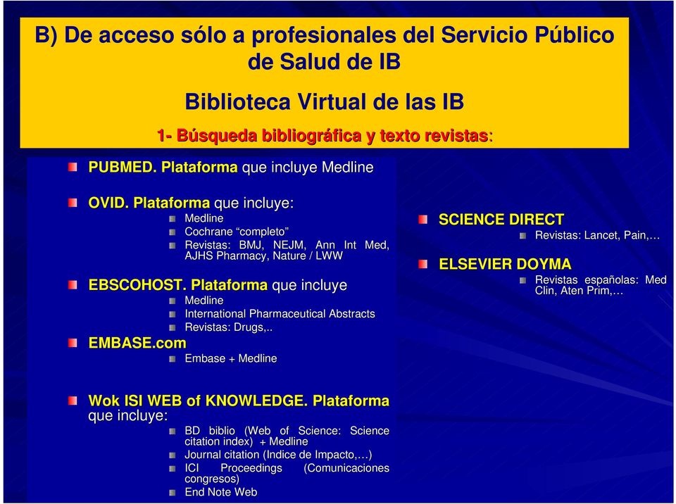 Plataforma que incluye EMBASE.com Med, Medline International Pharmaceutical Abstracts Revistas: Drugs,.