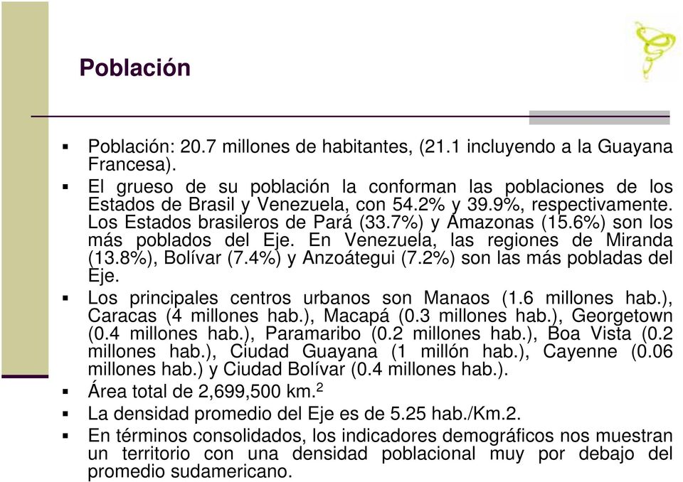 2%) son las más pobladas del Eje. Los principales centros urbanos son Manaos (1.6 millones hab.), Caracas (4 millones hab.), Macapá (0.3 millones hab.), Georgetown (0.4 millones hab.), Paramaribo (0.