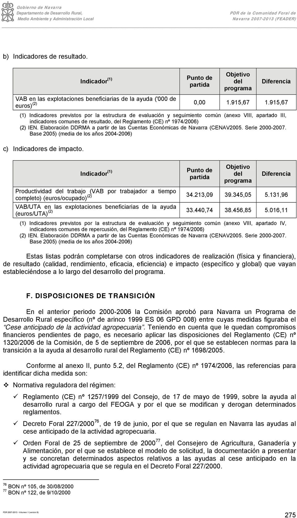 Elaboración DDRMA a partir de las Cuentas Económicas de Navarra (CENAV2005. Serie 2000-2007. Base 2005) (media de los años 2004-2006) c) Indicadores de impacto.