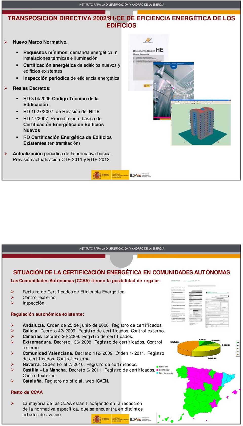 RD 1027/2007, de Revisión del RITE RD 47/2007, Procedimiento básico de Certificación Energética de Edificios Nuevos RD Certificación Energética de Edificios Existentes (en tramitación) Actualización