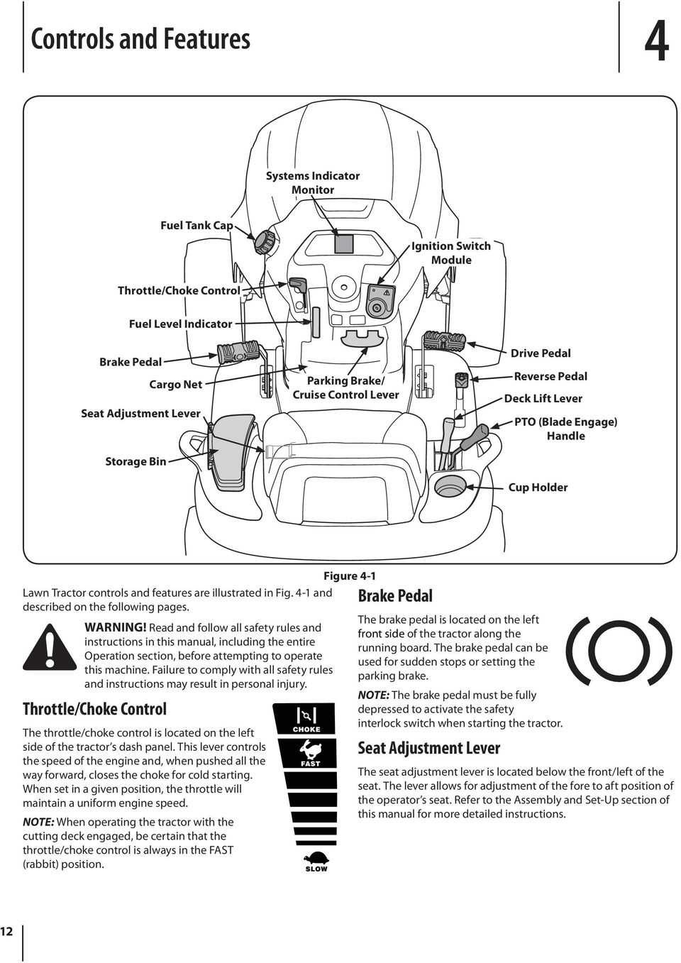 4-1 and described on the following pages. WARNING! Read and follow all safety rules and instructions in this manual, including the entire Operation section, before attempting to operate this machine.