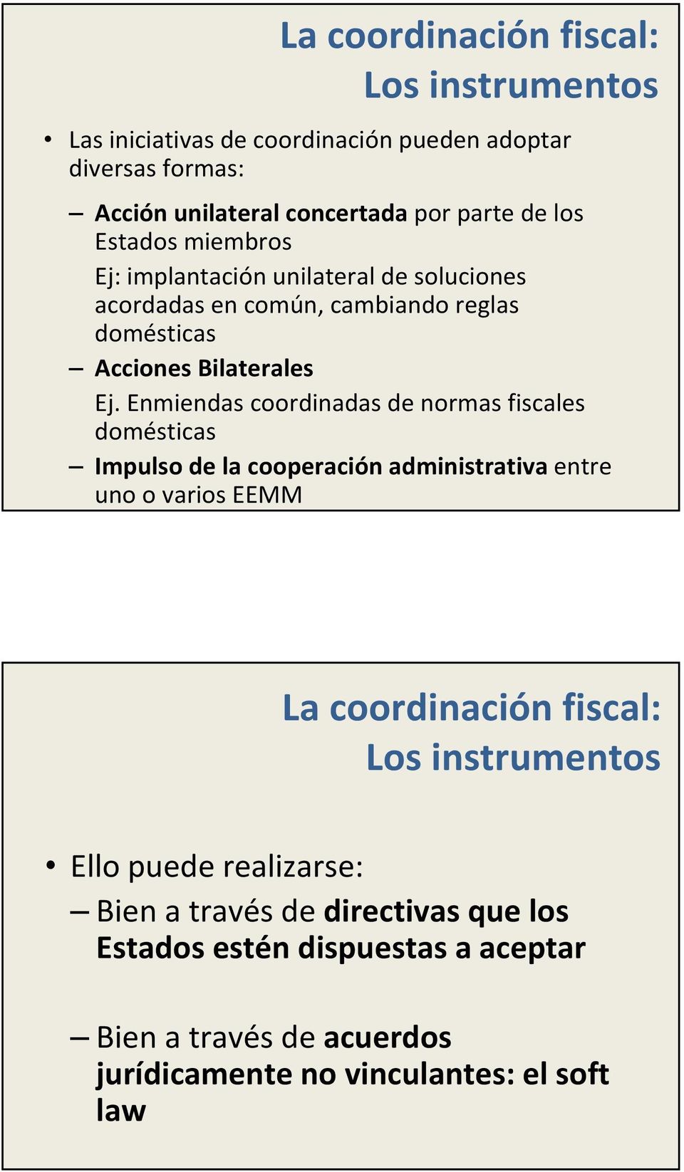 Enmiendas coordinadas de normas fiscales domésticas Impulsode la cooperaciónadministrativaentre unoovarioseemm La coordinación fiscal: Los