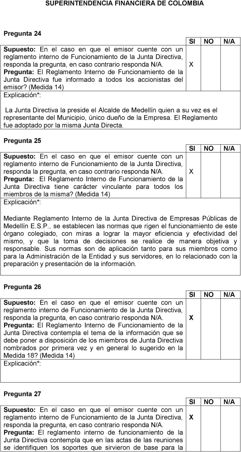 (Medida 14) La Junta Directiva la preside el Alcalde de Medellín quien a su vez es el representante del Municipio, único dueño de la Empresa. El Reglamento fue adoptado por la misma Junta Directa.