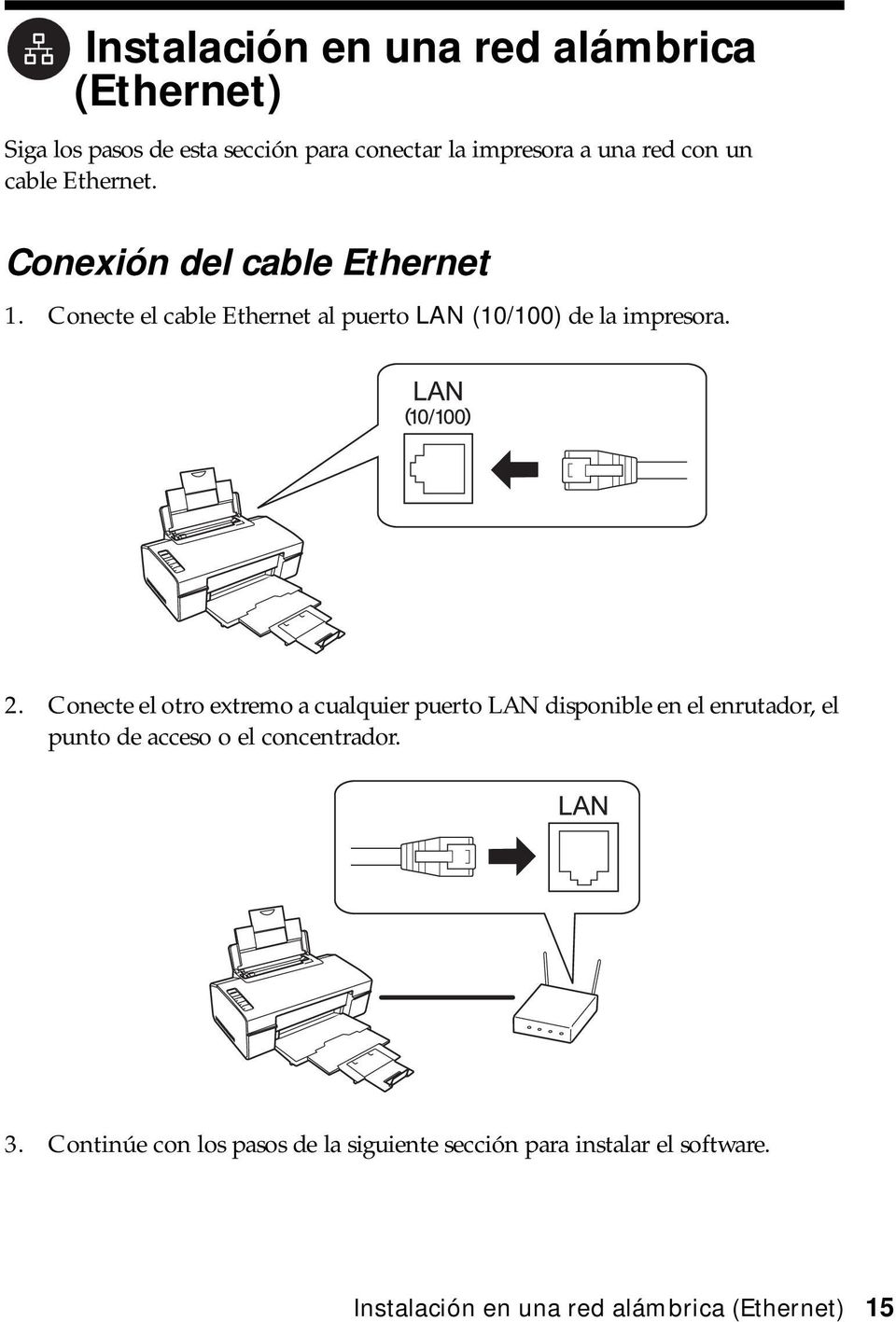 Conecte el otro extremo a cualquier puerto LAN disponible en el enrutador, el punto de acceso o el concentrador. 3.