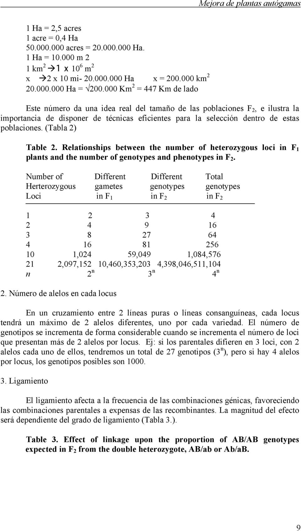 (Tabla 2) Table 2. Relationships between the number of heterozygous loci in F 1 plants and the number of genotypes and phenotypes in F 2.