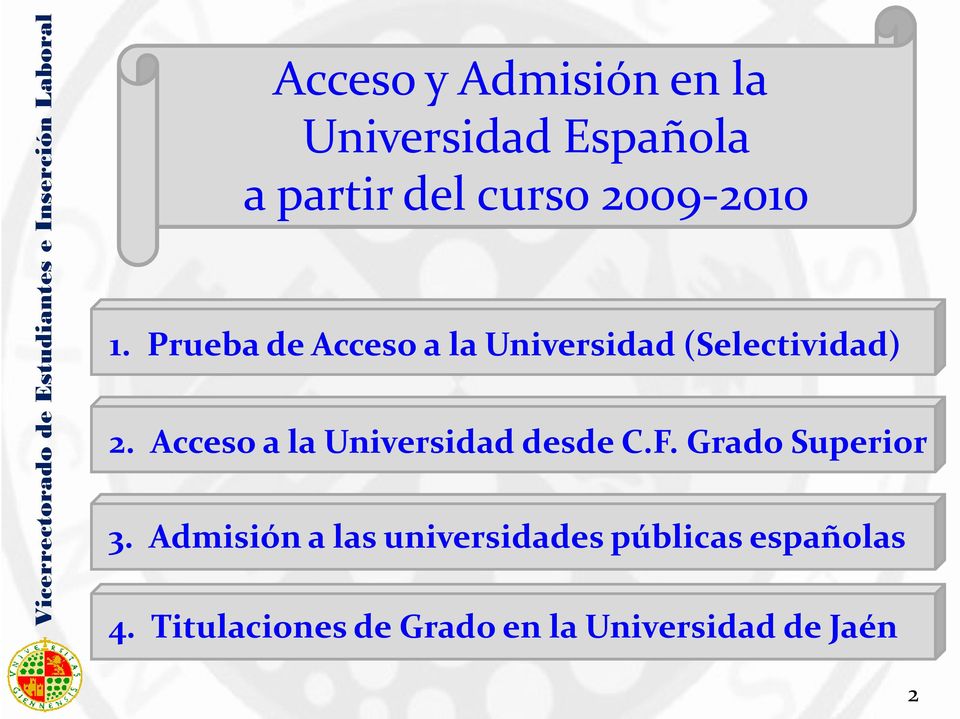F. Grado Superior 3. Admisión a las universidades públicas españolas 4.
