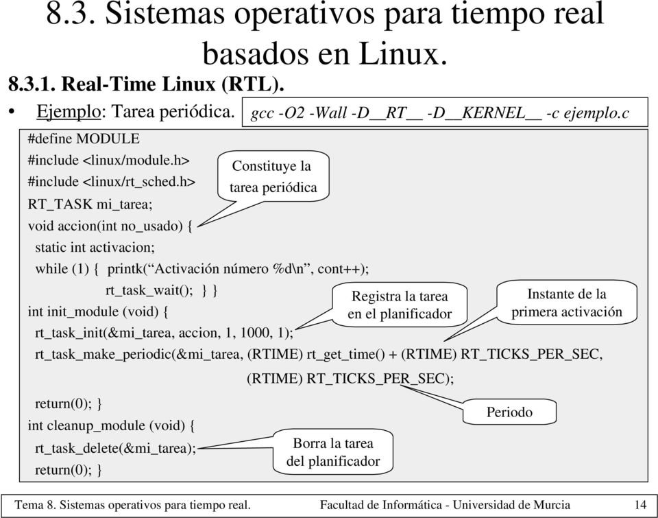 accion, 1, 1000, 1); rt_task_make_periodic(&mi_tarea, (RTIME) rt_get_time() + (RTIME) RT_TICKS_PER_SEC, return(0); } int cleanup_module (void) { rt_task_delete(&mi_tarea); return(0); } gcc -O2