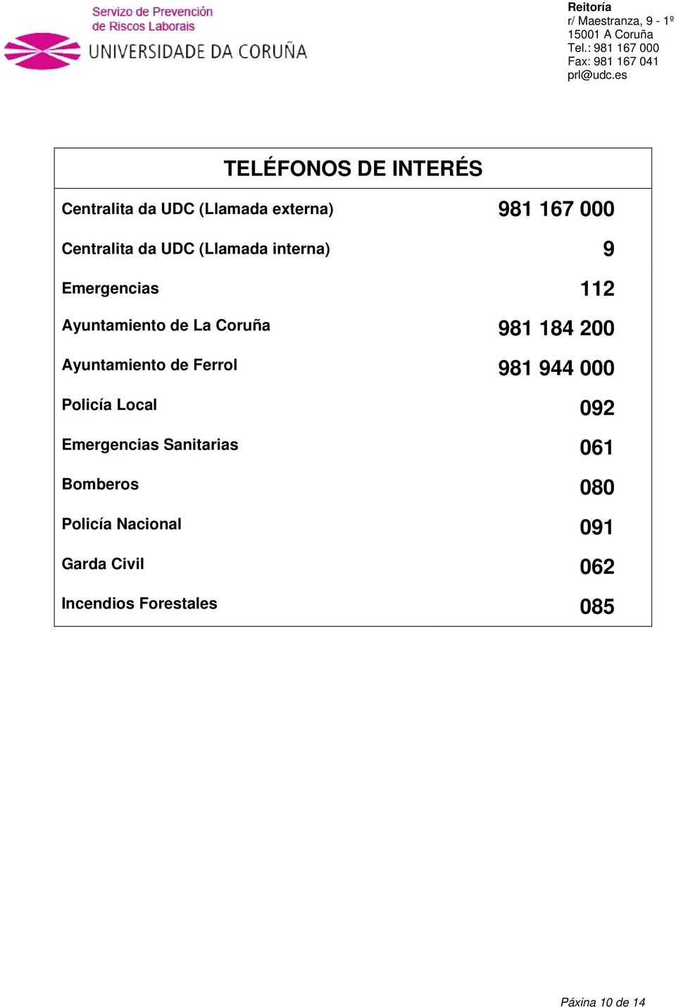 Ayuntamiento de Ferrol 981 944 000 Policía Local 092 Emergencias Sanitarias 061
