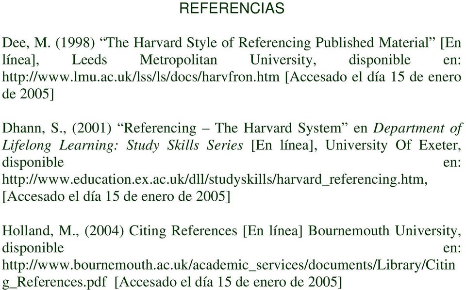 , (2001) Referencing The Harvard System en Department of Lifelong Learning: Study Skills Series [En línea], University Of Exeter, disponible en: http://www.education.ex.ac.
