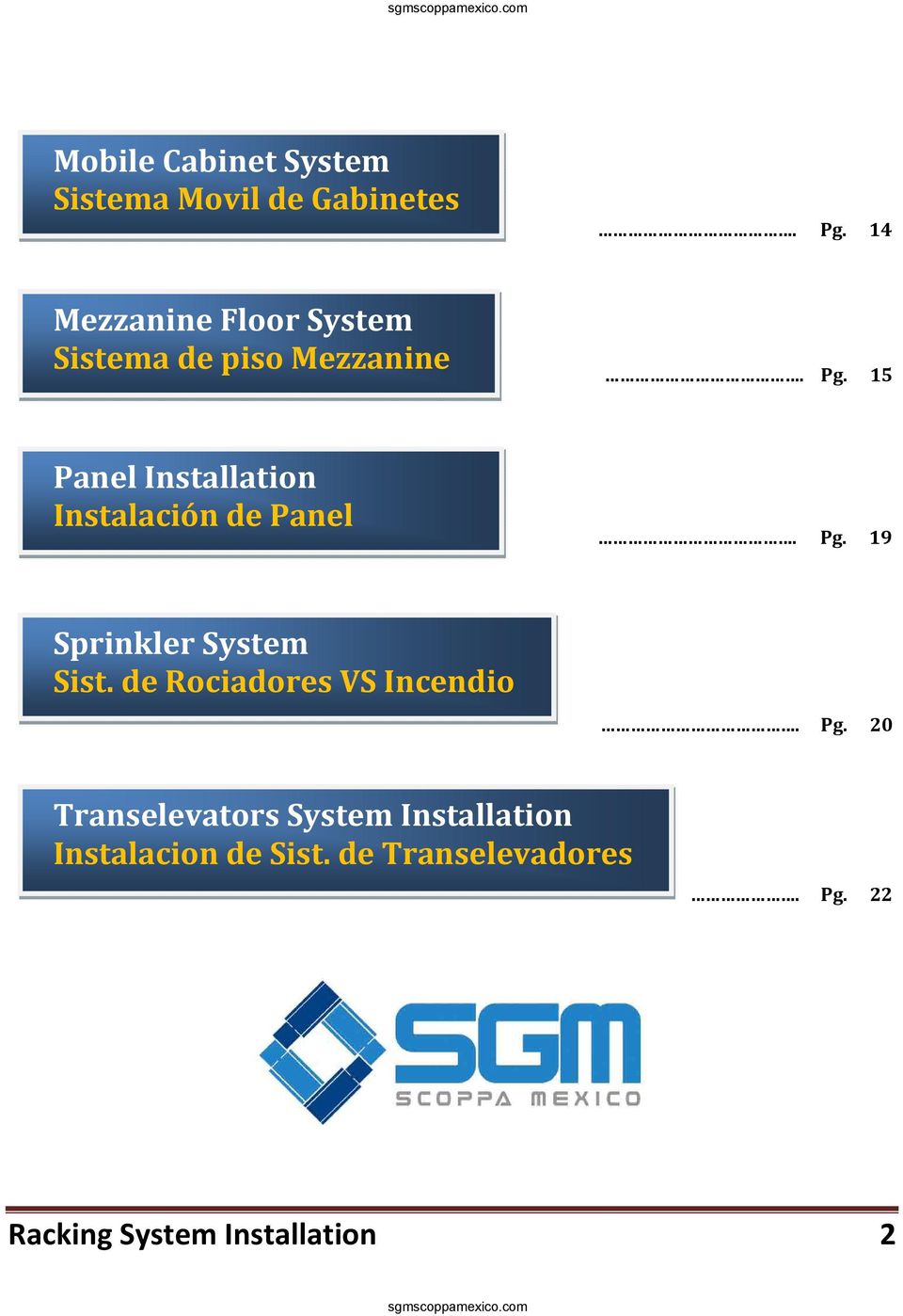 15 Panel Installation Instalación de Panel. Pg. 19 Sprinkler System Sist.