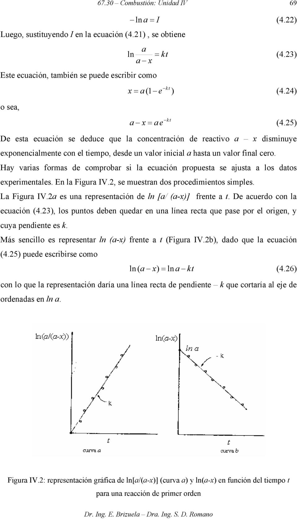 Hay varias formas de comprobar si la ecuación propuesta se ajusta a los datos experimentales. En la Figura IV., se muestran dos procedimientos simples. La Figura IV.
