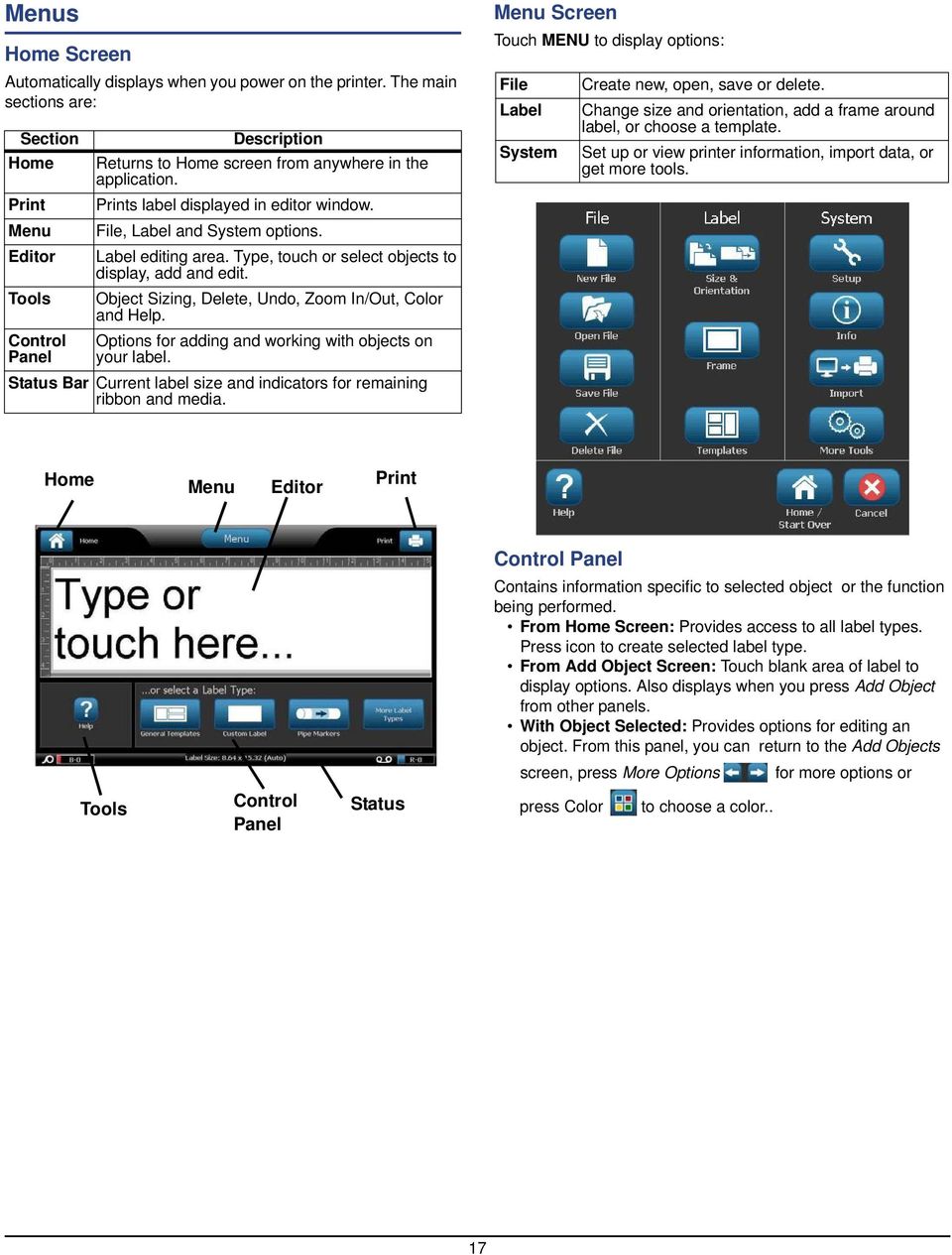 File, Label and System options. Label editing area. Type, touch or select objects to display, add and edit. Object Sizing, Delete, Undo, Zoom In/Out, Color and Help.