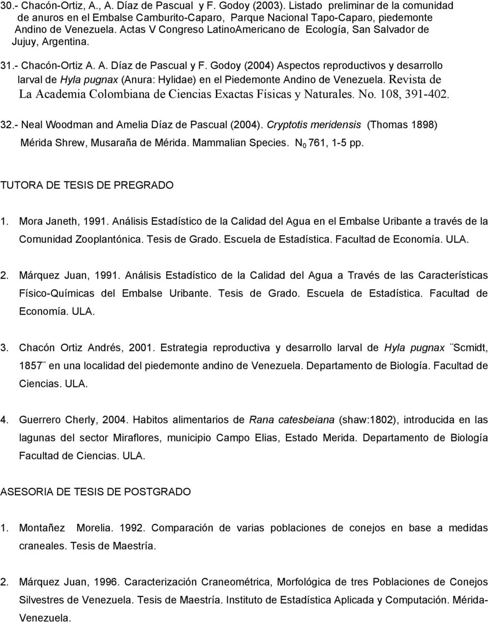 Godoy (2004) Aspectos reproductivos y desarrollo larval de Hyla pugnax (Anura: Hylidae) en el Piedemonte Andino de Venezuela. Revista de La Academia Colombiana de Ciencias Exactas Físicas y Naturales.