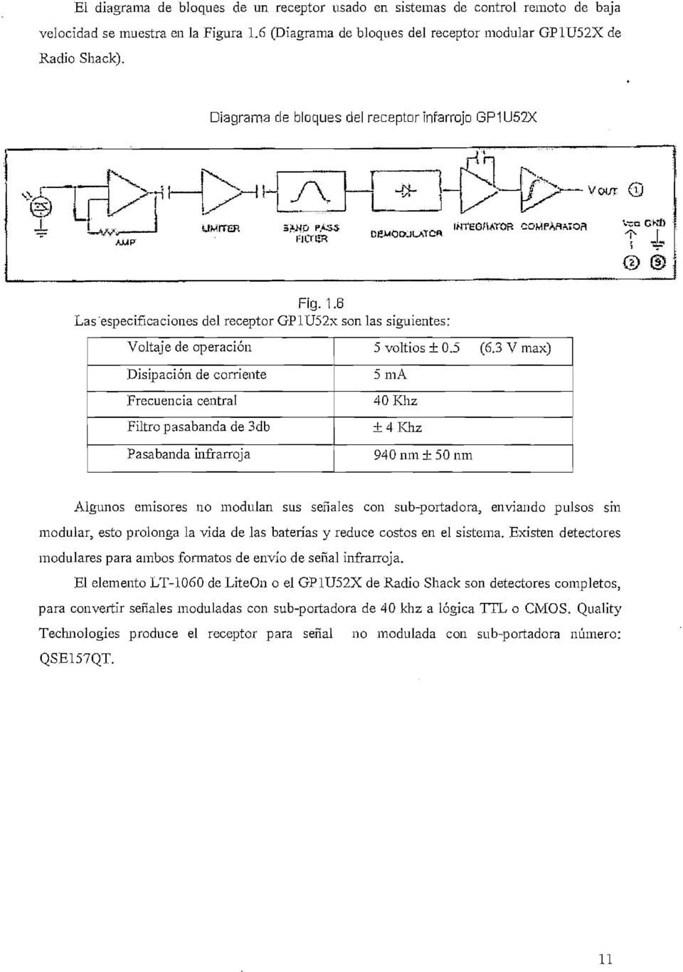 6 Las "especificaciones del receptor GPlU52x son las siguientes: Voltaje de operación Disipación de corriente Frecuencia central Filtro pasabanda de 3db Pasabanda infrarroja 5 voltios ± 0.5 (6.