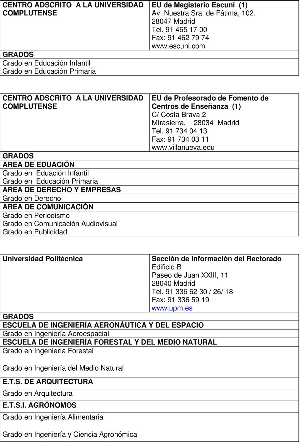 Grado en Publicidad EU de Profesorado de Fomento de Centros de Enseñanza (1) C/ Costa Brava 2 MIrasierra, 28034 Madrid Tel. 91 734 04 13 Fax: 91 734 03 11 www.villanueva.