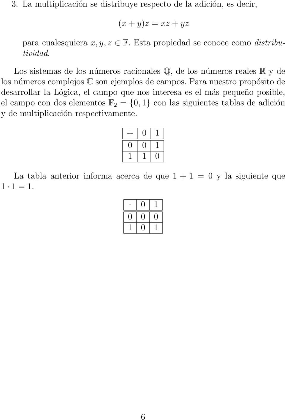 Los sistemas de los números racionales Q, de los números reales R y de los números complejos C son ejemplos de campos.