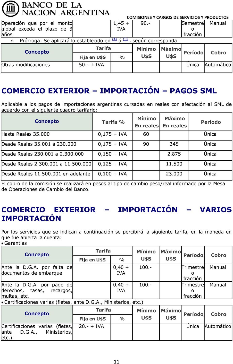 - + Única COMERCIO EXTERIOR IMPORTACIÓN PAGOS SML Aplicable a los pagos de importaciones argentinas cursadas en reales con afectación al SML de acuerdo con el siguiente cuadro tarifario: % En reales