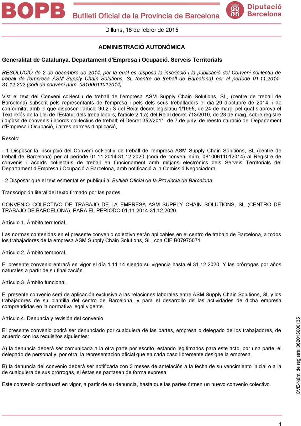 treball de Barcelona) per al període 01.11.2014-31.12.202 (codi de conveni núm.