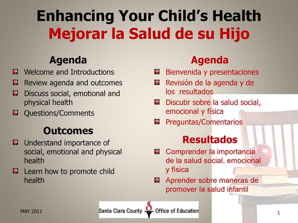 child health Agenda Bienvenida y presentaciones Revisión de la agenda y de los resultados Discutir sobre la salud social, emocional y física