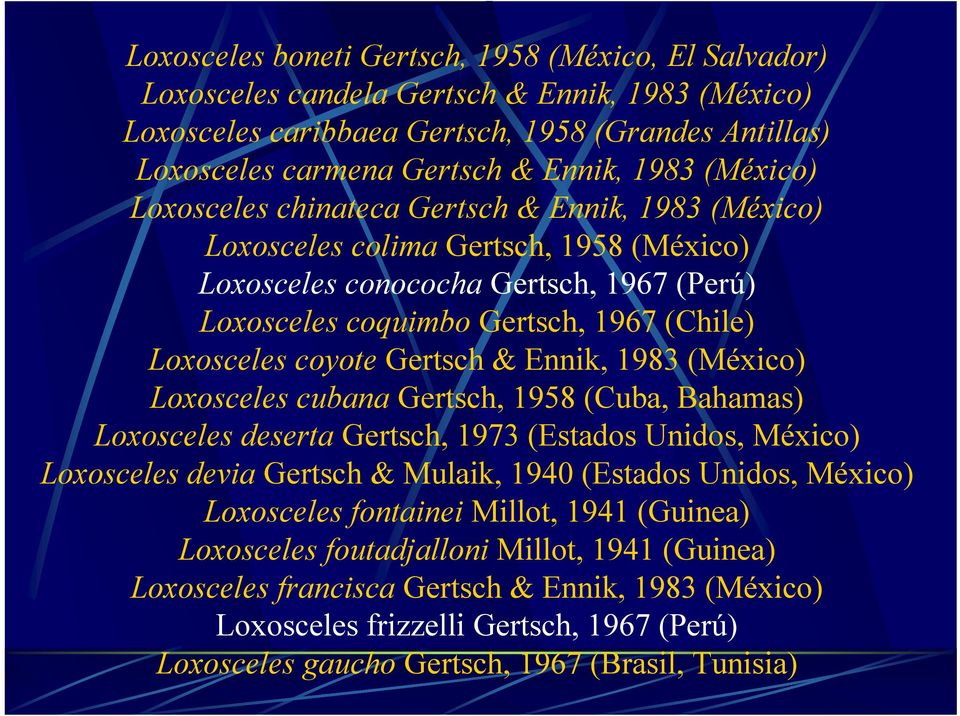 coyote Gertsch & Ennik, 1983 (México) Loxosceles cubana Gertsch, 1958 (Cuba, Bahamas) Loxosceles deserta Gertsch, 1973 (Estados Unidos, México) Loxosceles devia Gertsch & Mulaik, 1940 (Estados