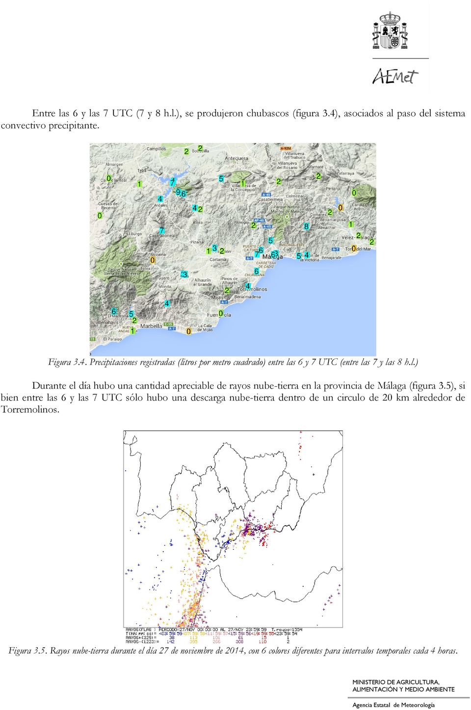 Precipitaciones registradas (litros por metro cuadrado) entre las 6 y 7 UTC (entre las 7 y las 8 h.l.) Durante el día hubo una cantidad apreciable de rayos nube-tierra en la provincia de Málaga (figura 3.