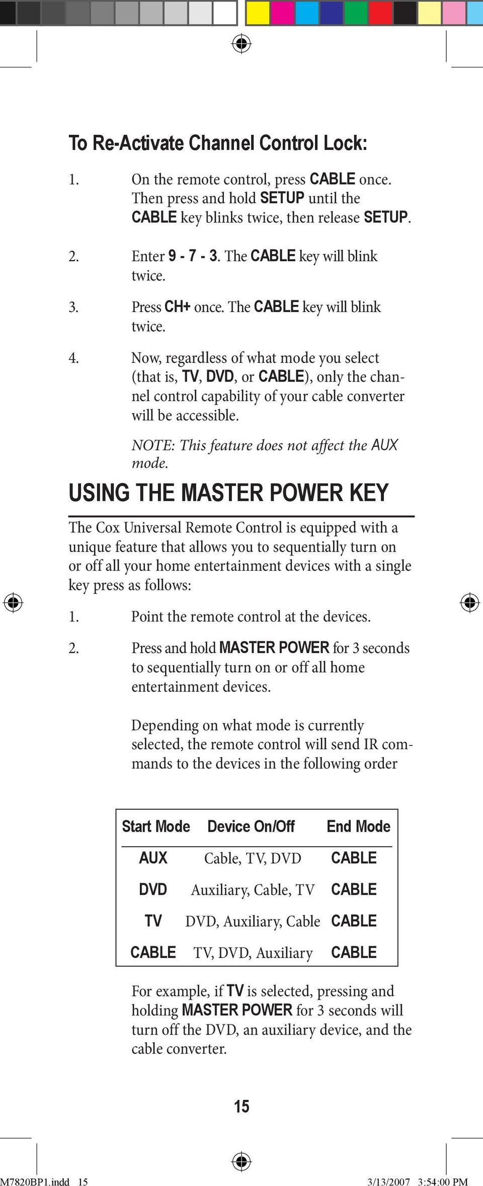 Now, regardless of what mode you select (that is, TV, DVD, or CABLE), only the channel control capability of your cable converter will be accessible. NOTE: This feature does not affect the AUX mode.