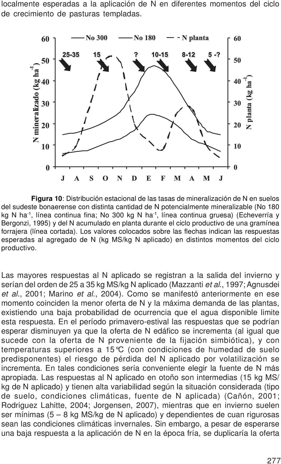 fina; No 300 kg N ha -1, línea continua gruesa) (Echeverría y Bergonzi, 1995) y del N acumulado en planta durante el ciclo productivo de una gramínea forrajera (línea cortada).