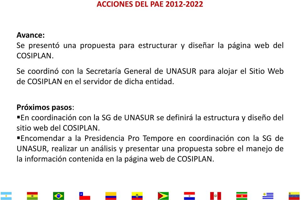 Próximos pasos: En coordinación con la SG de UNASUR se definirá la estructura y diseño del sitio web del COSIPLAN.