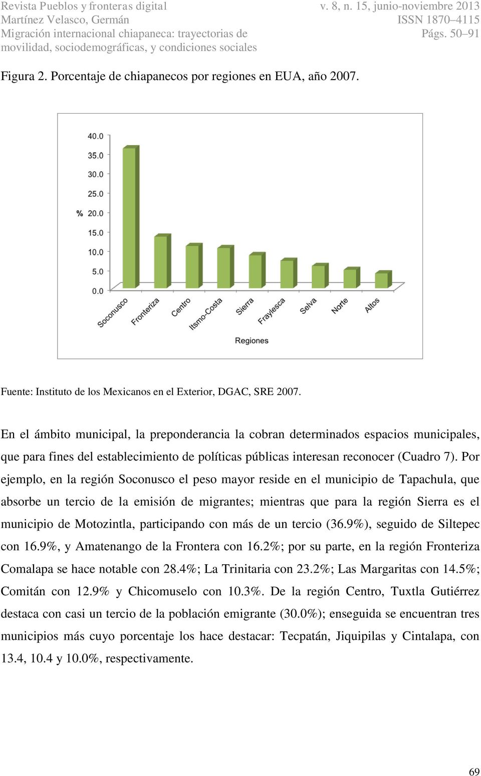 Por ejemplo, en la región Soconusco el peso mayor reside en el municipio de Tapachula, que absorbe un tercio de la emisión de migrantes; mientras que para la región Sierra es el municipio de