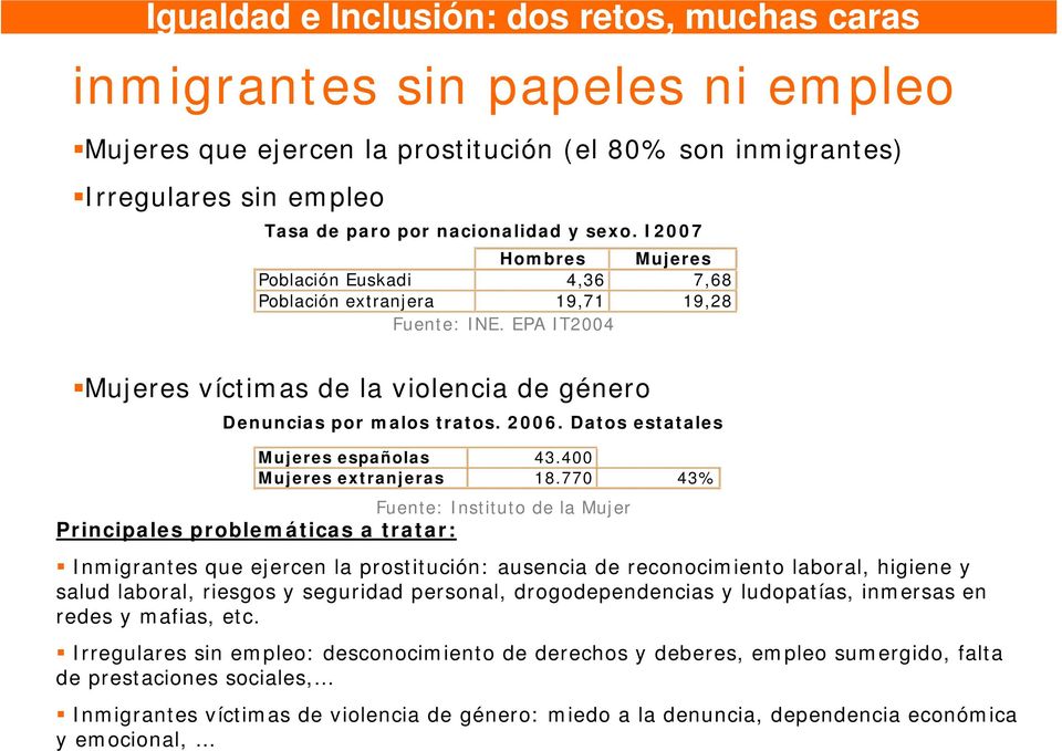 Datos estatales Mujeres españolas 43.400 Mujeres extranjeras 18.